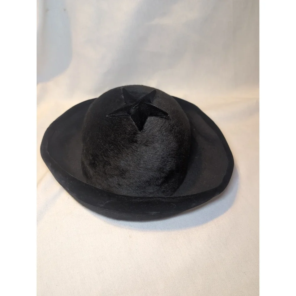 Vintage DOWA NY WOMEN'S Black Star HAT SOLEIL GLACE ITALY VELVET FAUX FUR 22.5